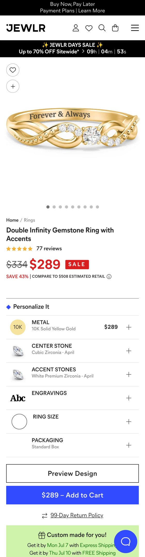 Jewelry product options include: ring for 10K Yellow Gold Double Infinity Gemstone Ring with Accents from Jewlr.