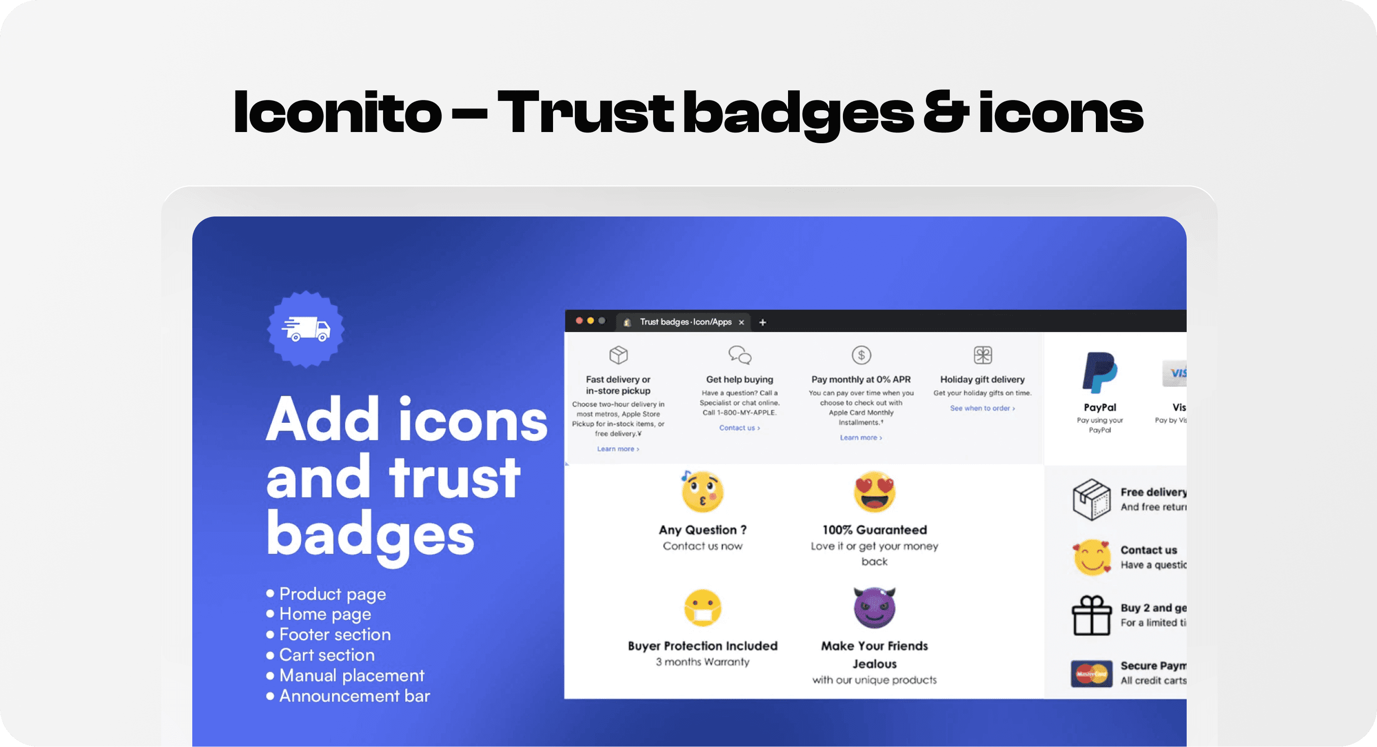 Iconito trust badges and feature icons displayed on a Shopify product page