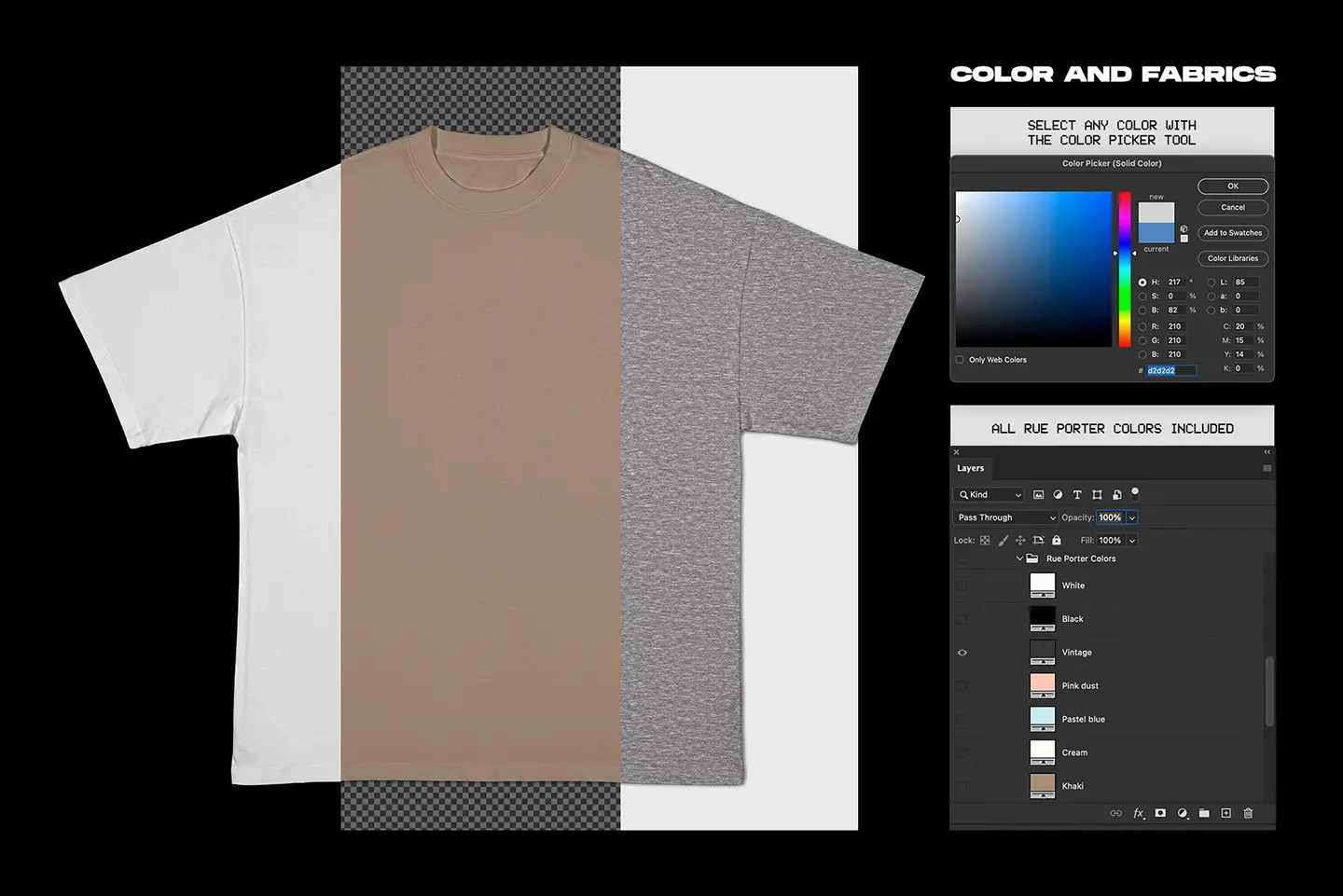 Rue Porter T-Shirt ironed mockup fabric color options with Photoshop controls