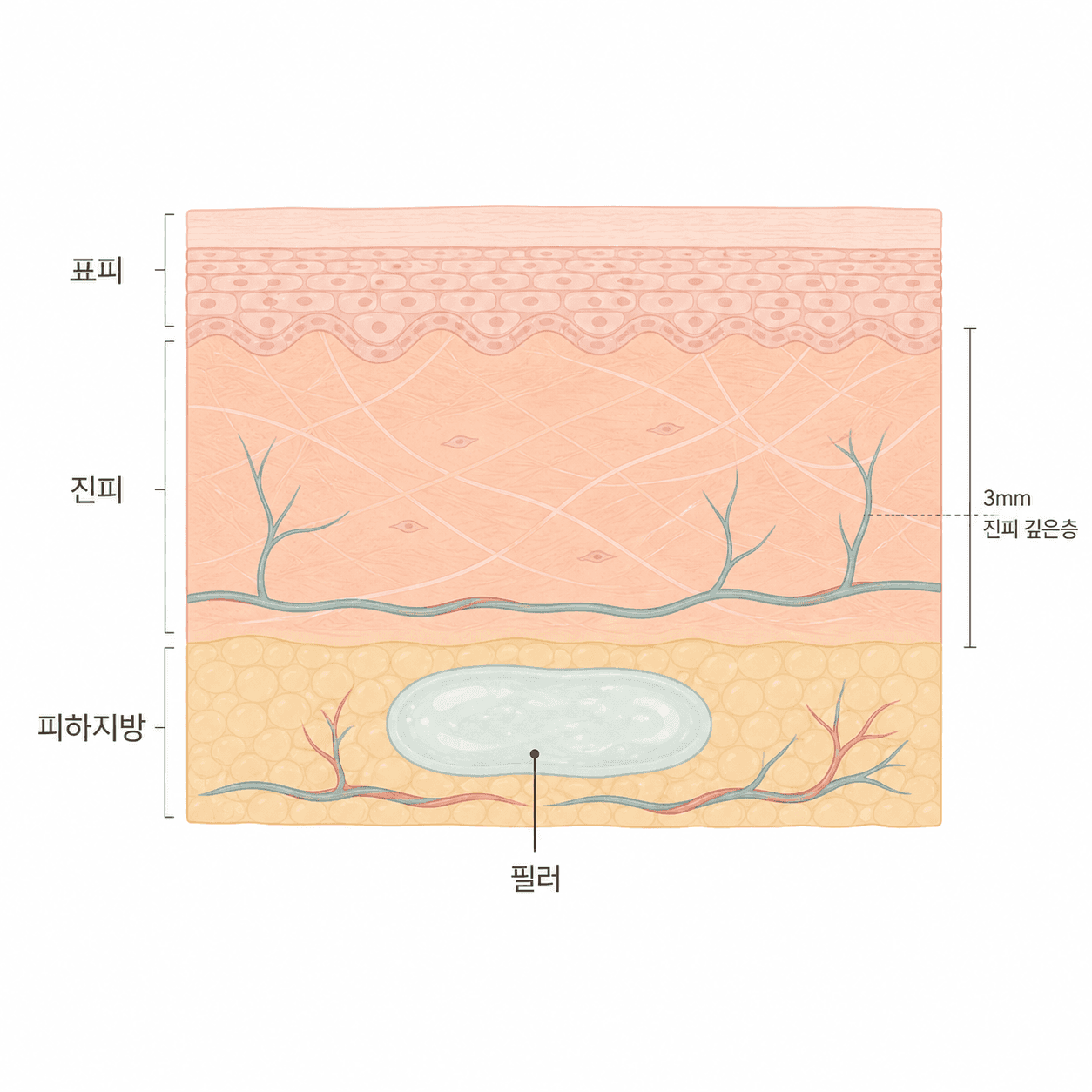 피하지방 층에 자리한 필러와 주변 미세 혈관의 모습이에요