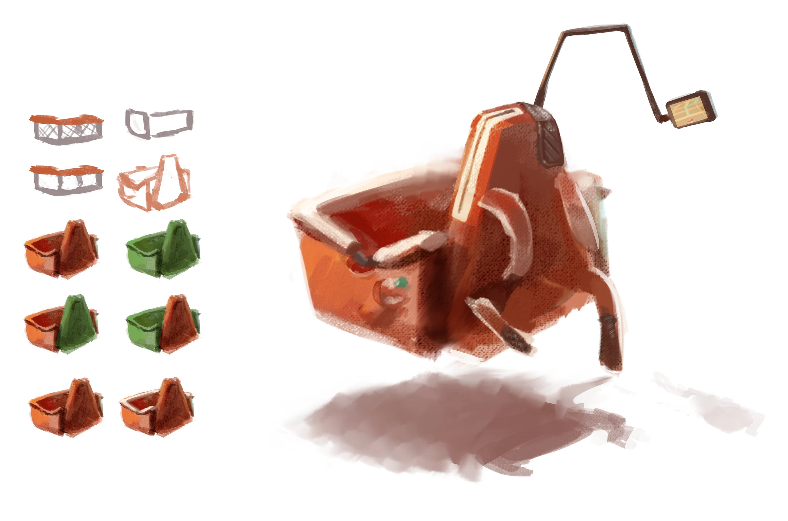 Studies for Gelso’s wearable container, straps and navigation support.