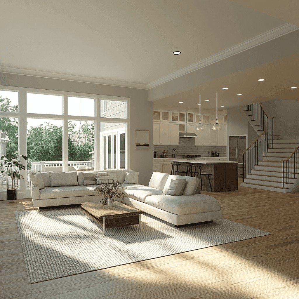 Modern living room with large windows, light wood flooring, gray sofa and chairs, and green plants. Bright, airy atmosphere with natural light.