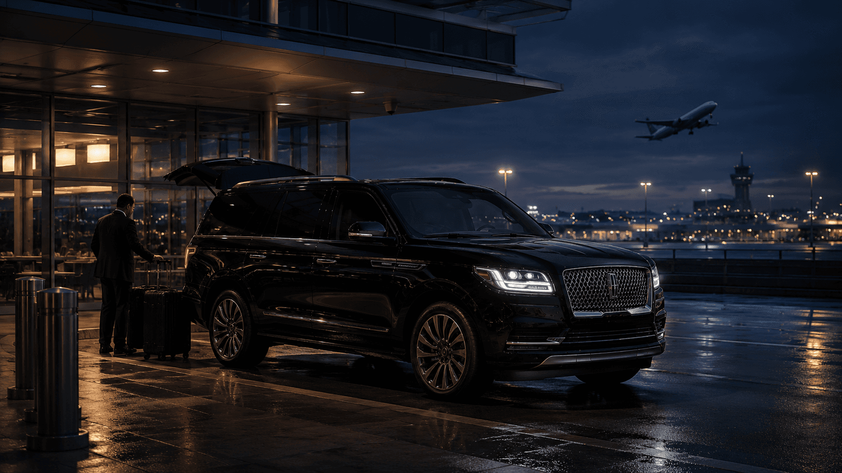 Black SUV awaiting passengers outside an airport terminal at dusk