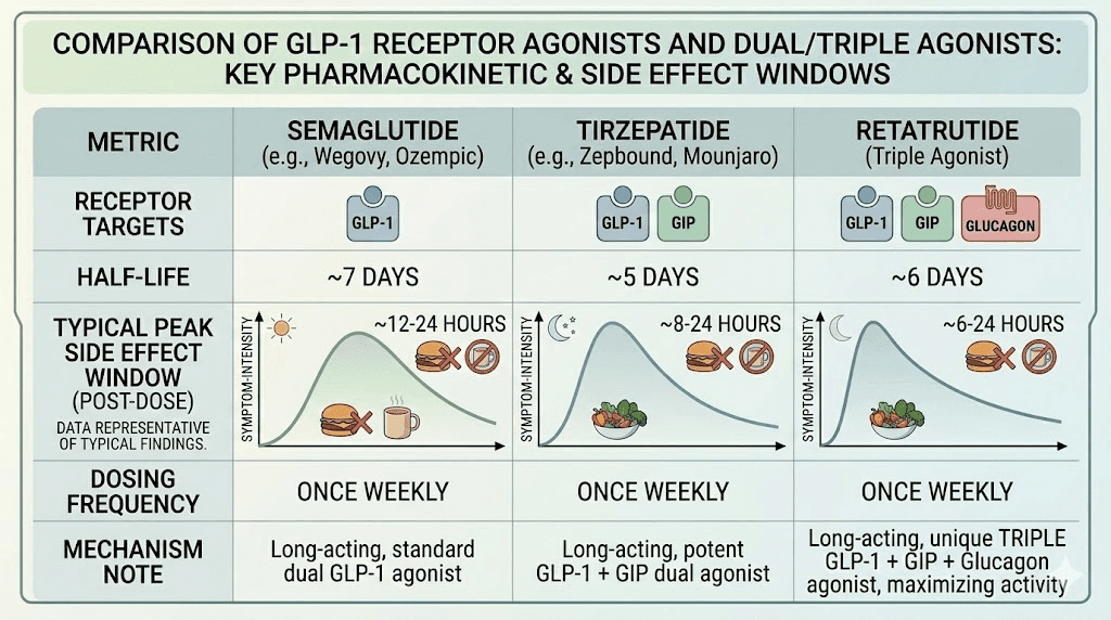 Retatrutide vs semaglutide vs tirzepatide timing and pharmacokinetic comparison