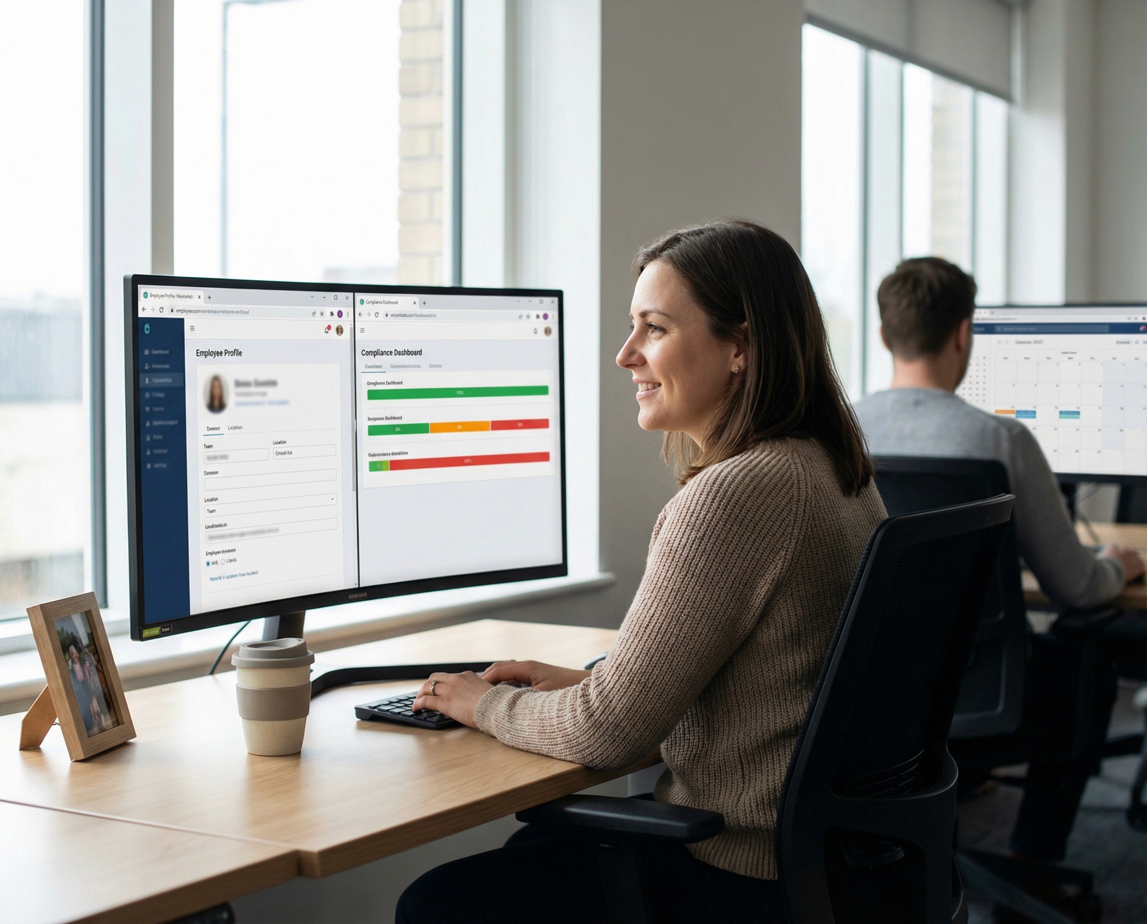 A people operations manager in her early 30s sitting at her desk with a single wide monitor, mid-task, in the easy rhythm of someone working within a system that fits her existing workflow. The monitor shows a single browser window with a split-pane view — on the left, an employee profile with team and location fields, and on the right, a compliance status panel with coloured indicators — visible as two distinct but connected interface panels in one view, not legible. 