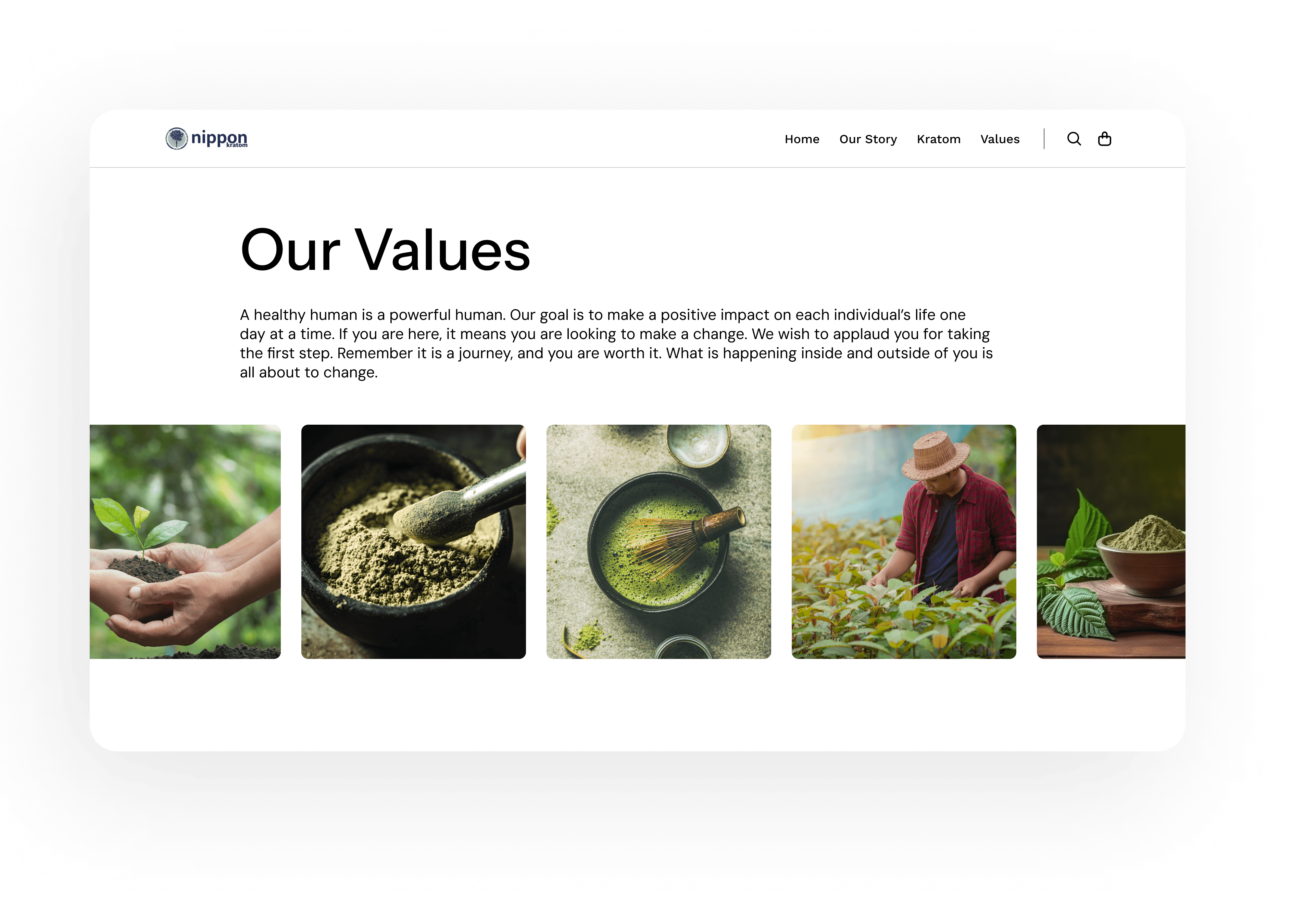 Nippon Kratom website page, "Our Values", showcases the brand's commitment to natural products, and sustainable farming through images of planting, processing, and preparation.