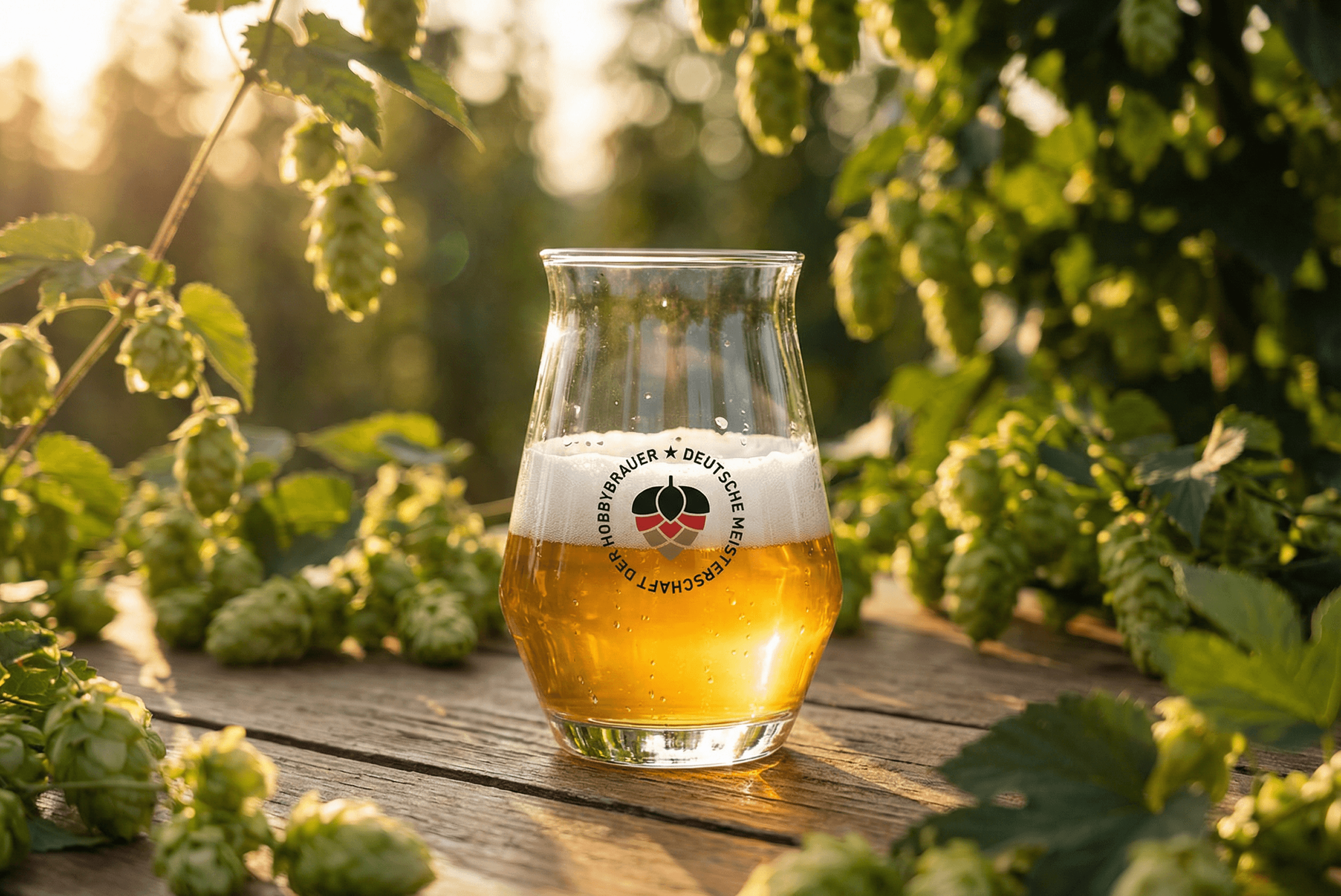 Glass of beer surrounded by hops at sunset.