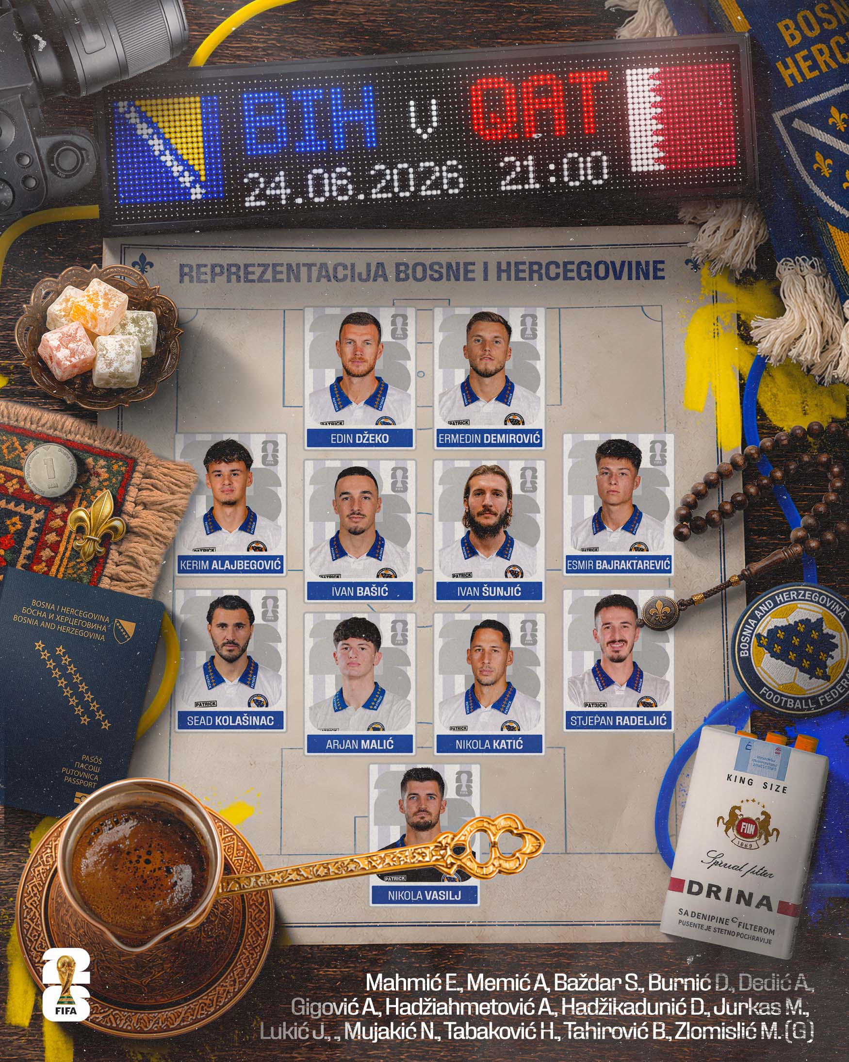 The Qatar lineup combines football cards with Bosnian cultural elements, including traditional carpet patterns, coffee, and a home-inspired setting.