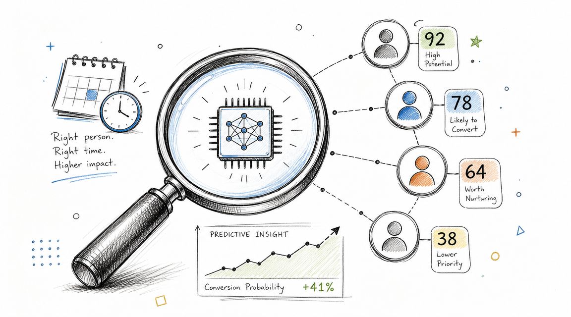 A hand-drawn illustration showing a magnifying glass analyzing leads with predictive scores and conversion probability growth.