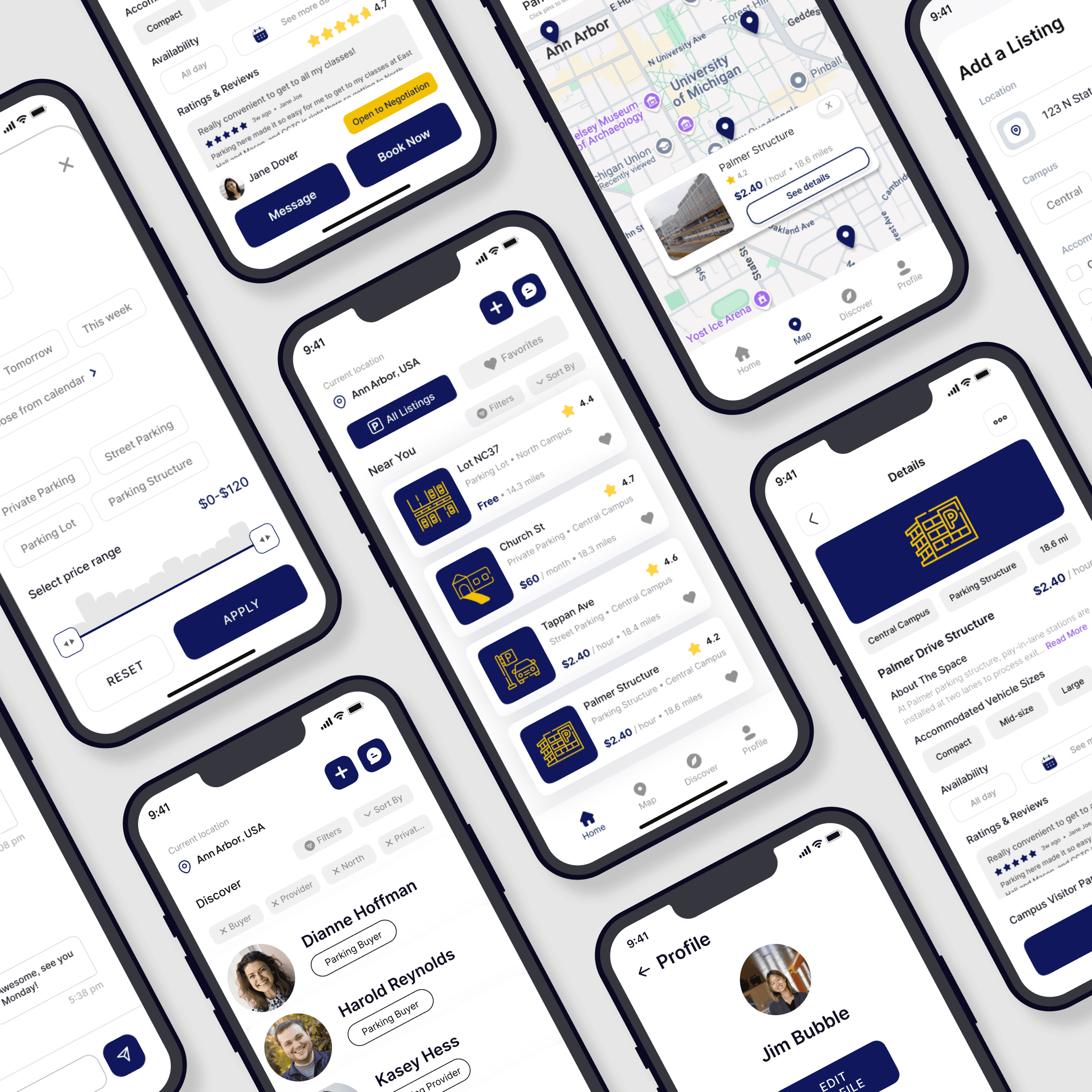 Several iPhone screens displaying different parts of the mobile parking app interface