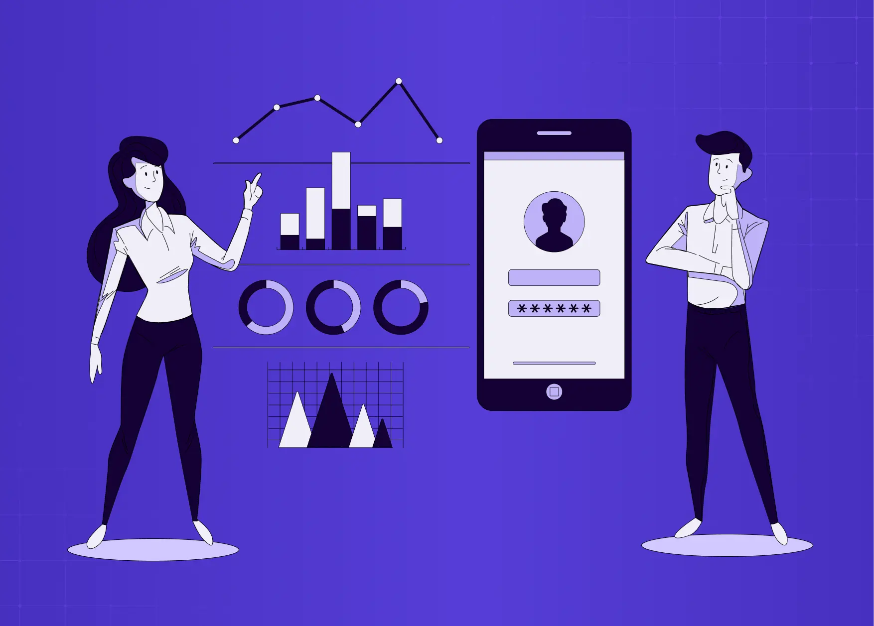 Illustration of two users interacting with analytics dashboards and a mobile login interface in a purple-themed onboarding scene.