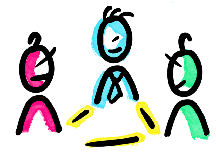 Illustration of three people sitting in a circle, symbolizing a private facilitation community and coaching