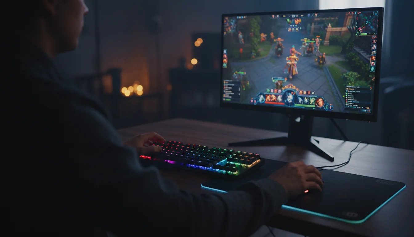 DSLR photograph from an over-the-shoulder perspective of a person gaming in a dimly lit room. Moody, cinematic contrast lighting. A vibrant, multi-color RGB mechanical keyboard is in sharp focus, with hands actively playing. The right hand shows motion blur over a glowing gaming mouse on a dark mousepad. The scene is illuminated by the peripherals and a large computer monitor displaying a colorful fantasy MOBA game. Shallow depth of field, dark wood desk texture, soft bokeh background.