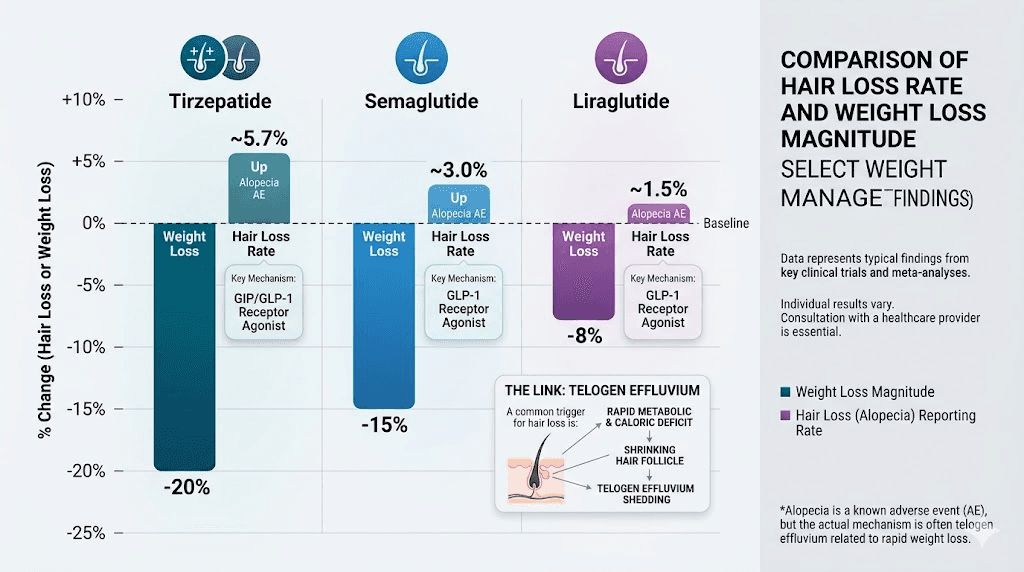 Hair loss rates compared across GLP-1 medications tirzepatide semaglutide liraglutide