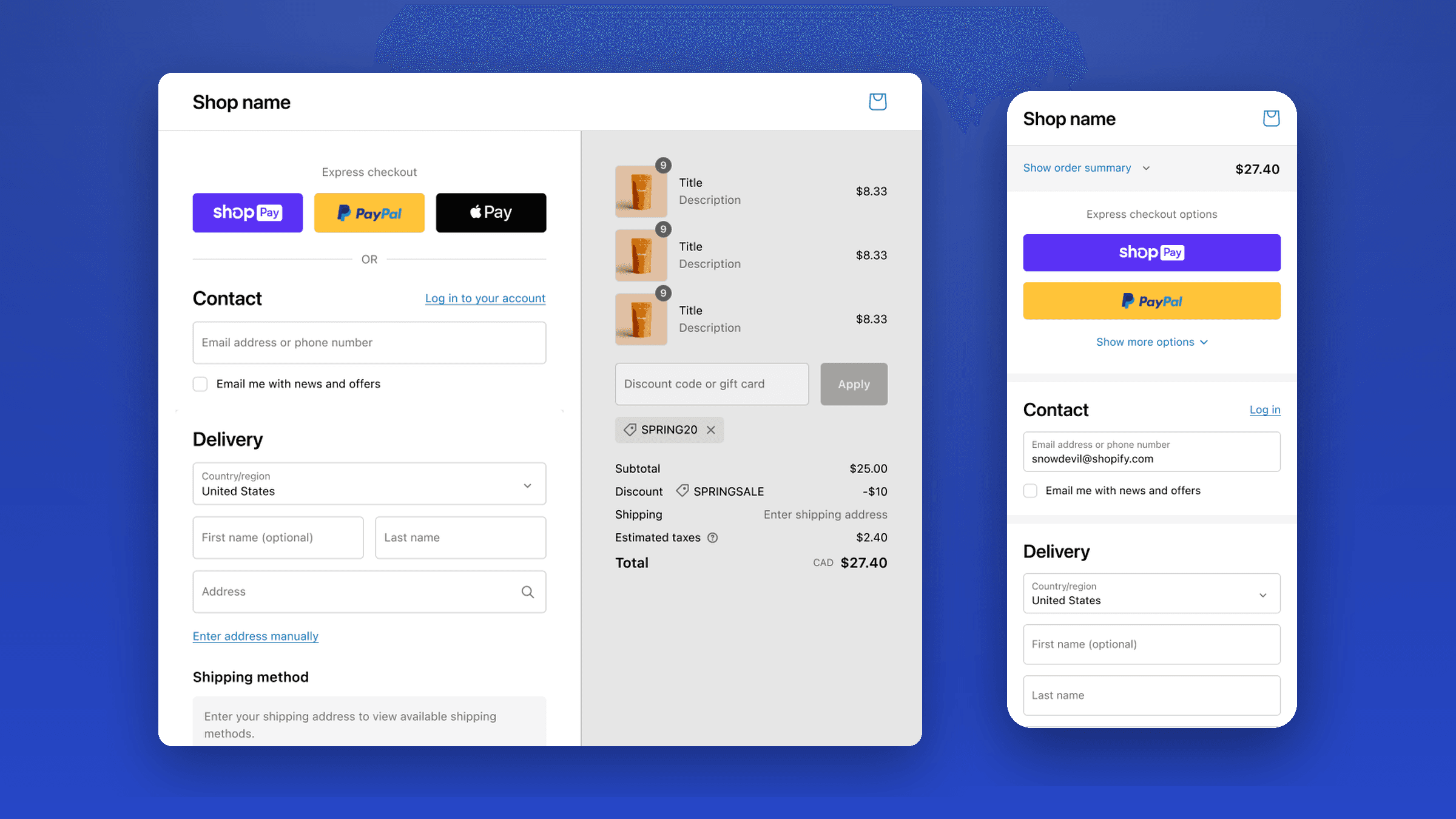 Shopify one-page checkout on mobile and desktop