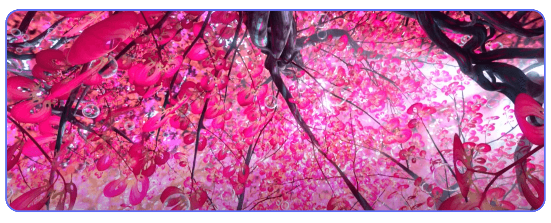 Surreal pink tree canopy scene from Cosmos Laundromat, a Blender short film with dreamlike fantasy visuals