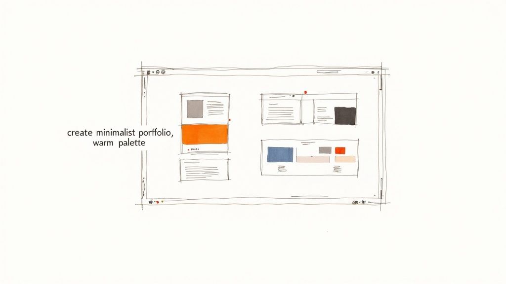 Hand-drawn wireframe sketch for a minimalist website portfolio, using a warm color palette.