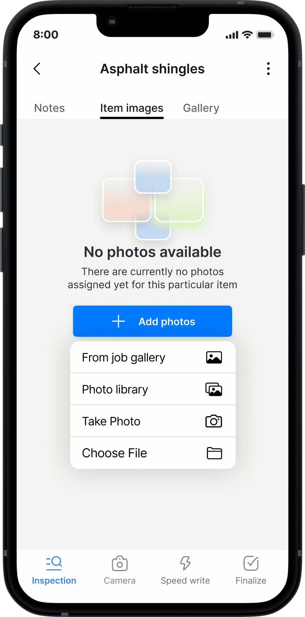 A screenshot of the empty state for the photo gallery in the Horizon app