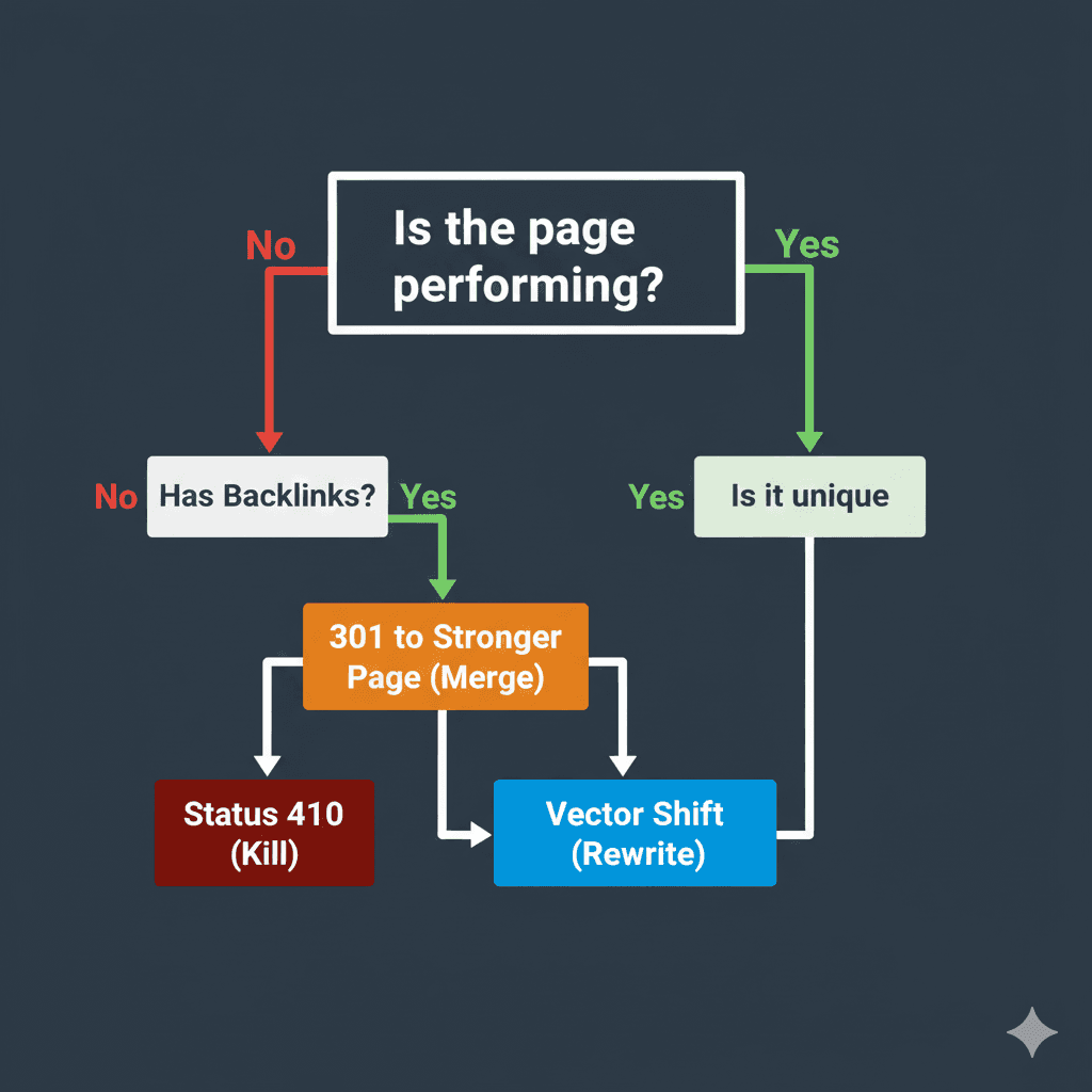 Flowchart illustrating the decision logic for auditing low-performing web pages: Kill, Merge, or Vector Shift.
