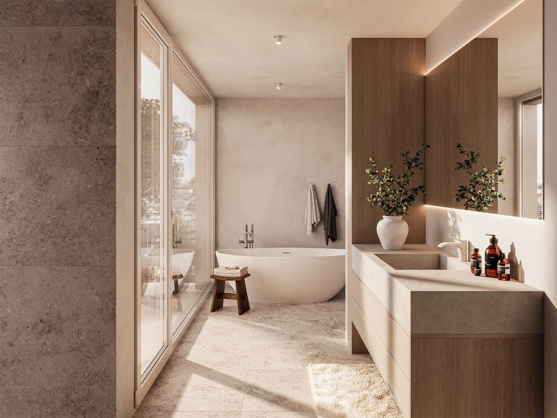 modernes und hochwertiges Badezimmer in beigen Farbtönen mit direkter Sonneneinstrahlung