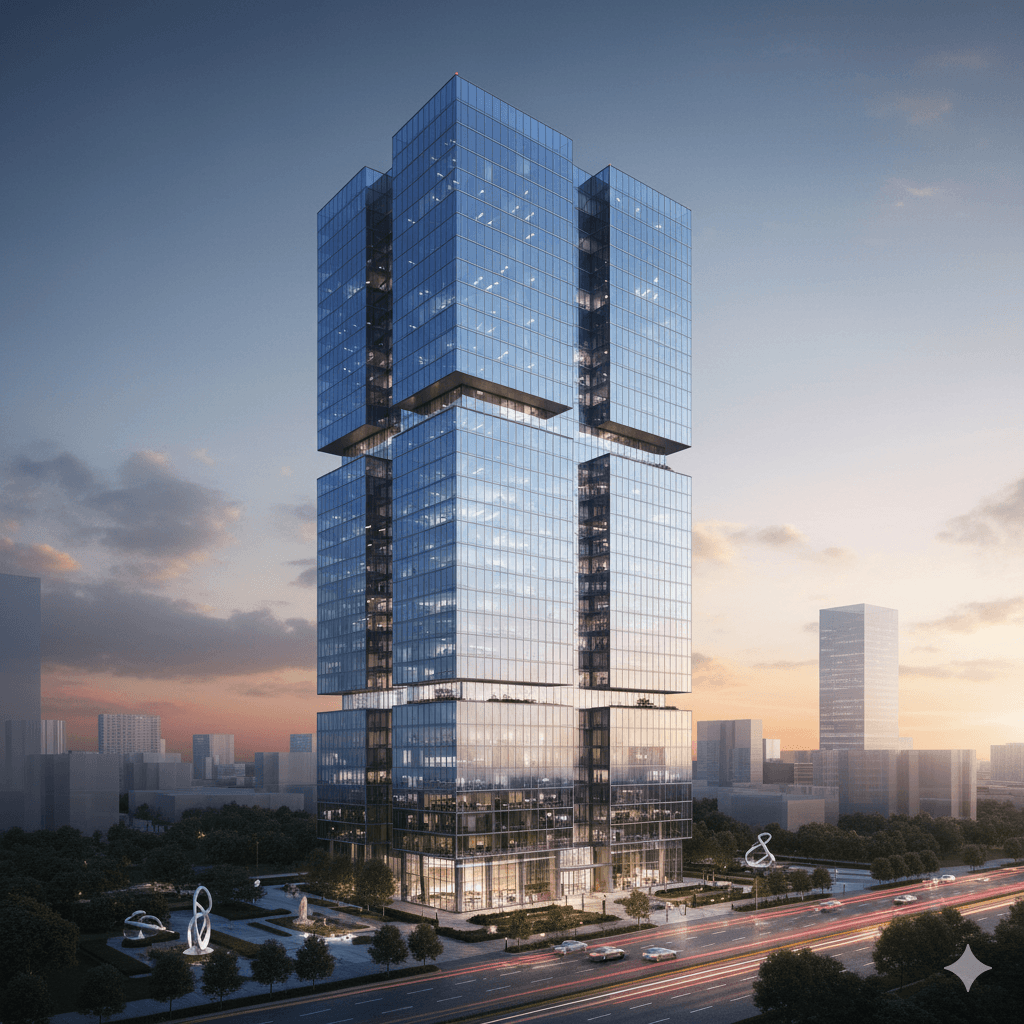 Glass facade of premium office spaces located within the M3M Capital Walk commercial complex