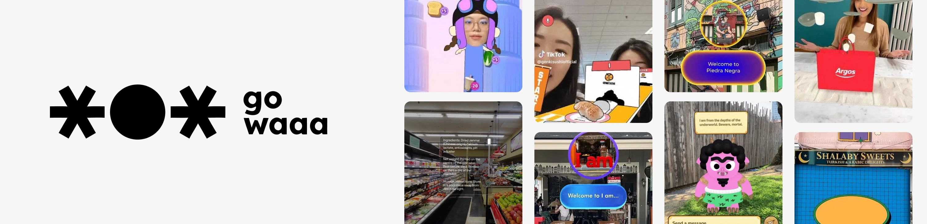 Gowaaa logo with examples of its AR work, including branded Snapchat and TikTok Lenses, AI characters and a product label reader in a grocery store.