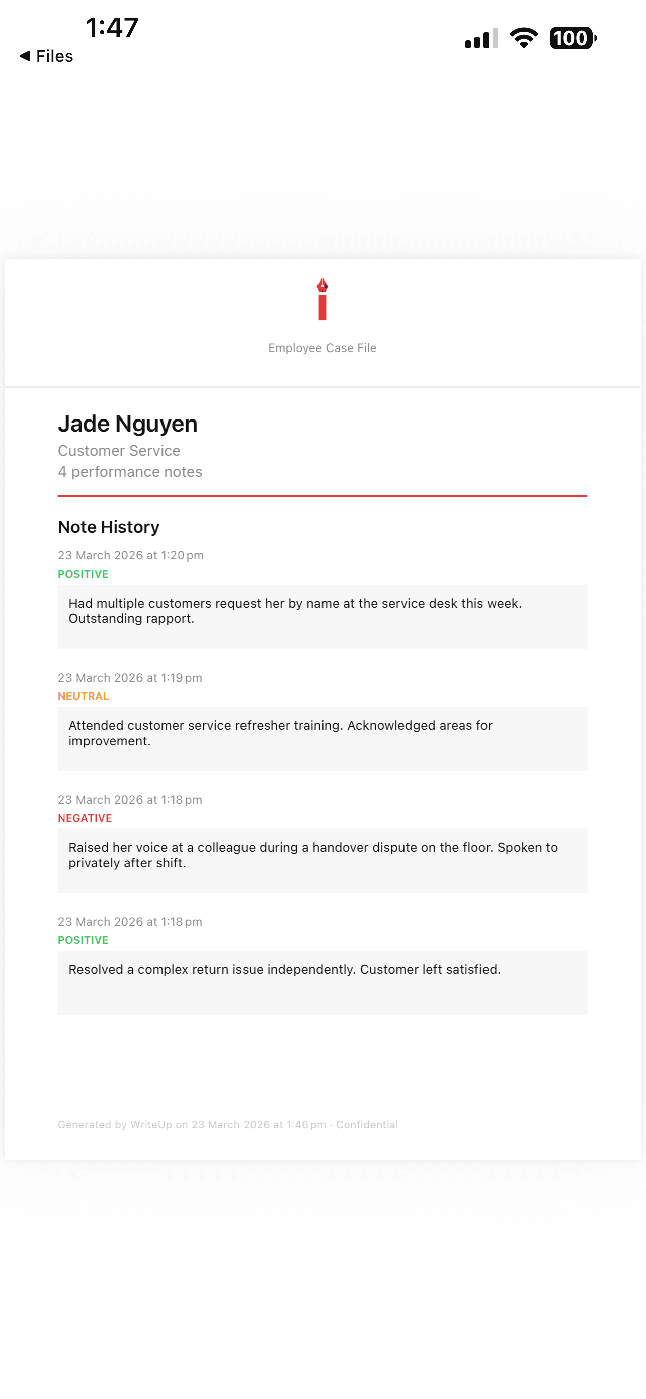 Cash up report with 3 tills including the till float, the til expected, the actual count and the variances between the 3 tills. Below the tills counts is a total physical count that results in a balanced till.