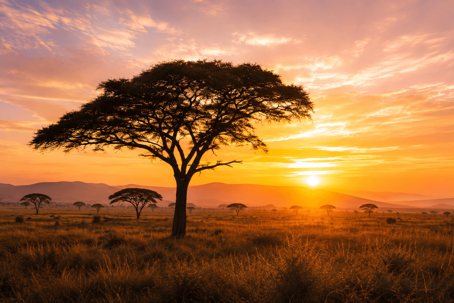African acacia tree at sunset