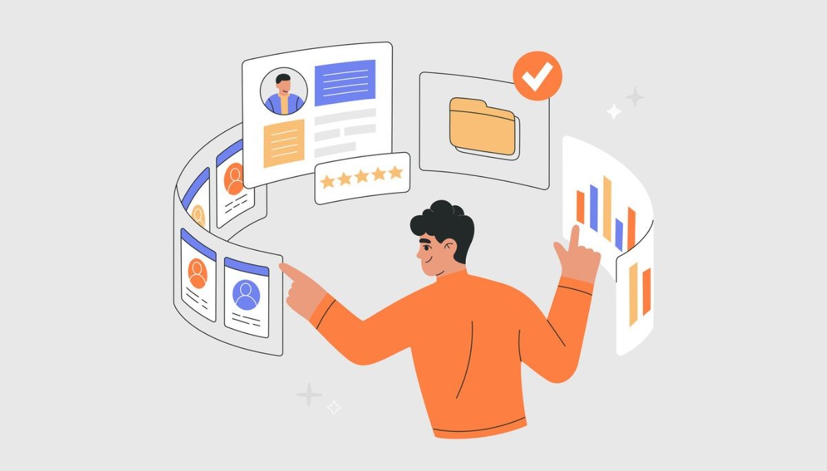 Illustration of a person interacting with a digital interface featuring profile cards, ratings, and analytics, representing how artificial intelligence is reshaping recruiting through data-driven hiring, candidate evaluation, and automated decision-making.
