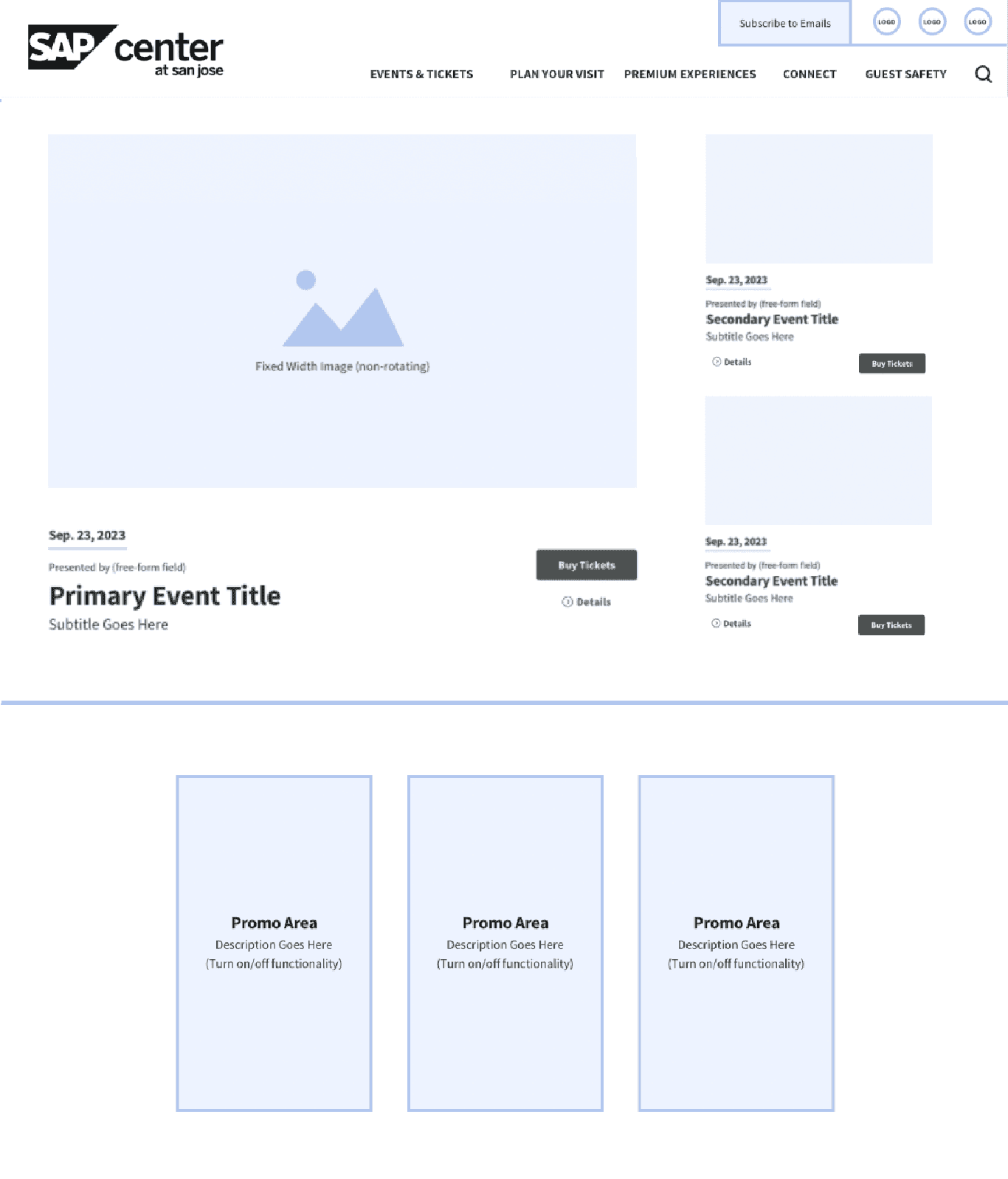 Wireframe of site with three events in the hero