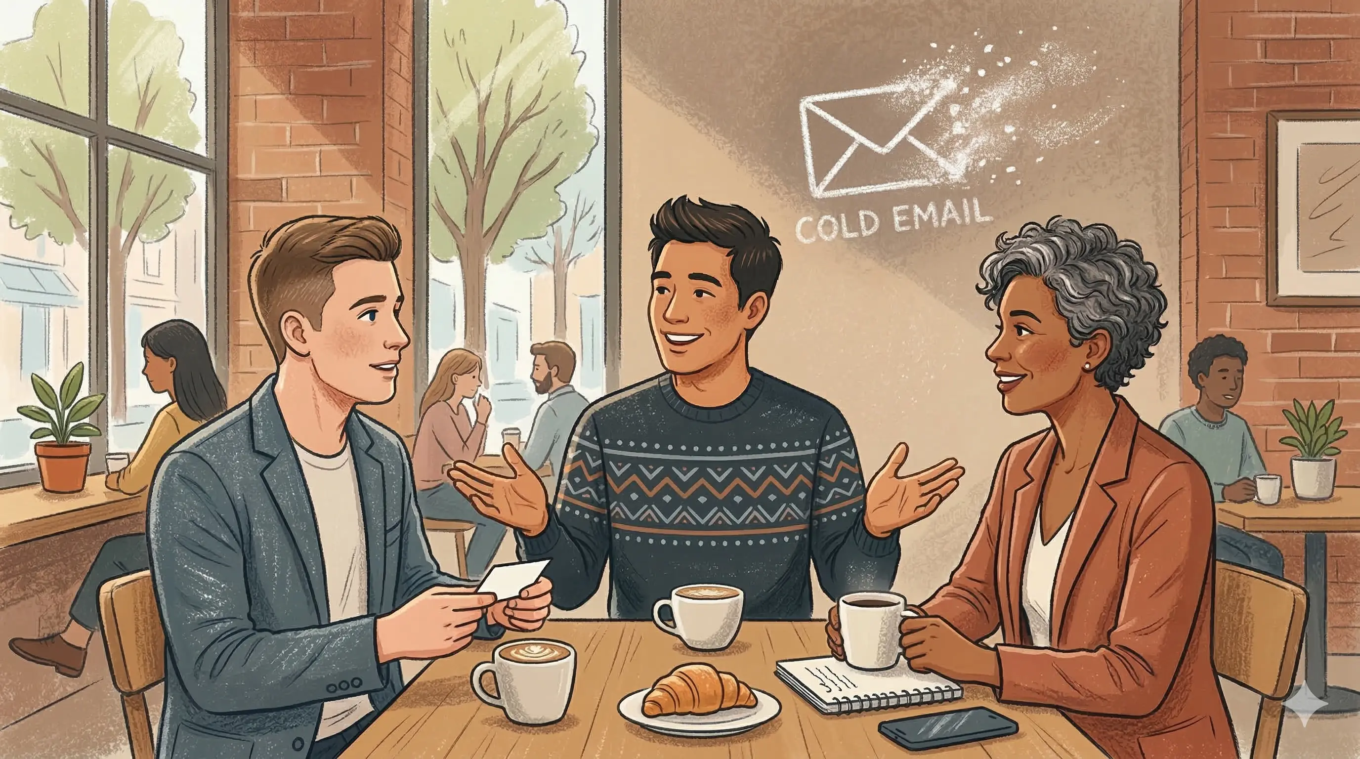 An illustration of a founder networking at a coffee shop, receiving a friendly introduction to an investor from a mutual connection, contrasting with a cold email icon dissolving in the background.
