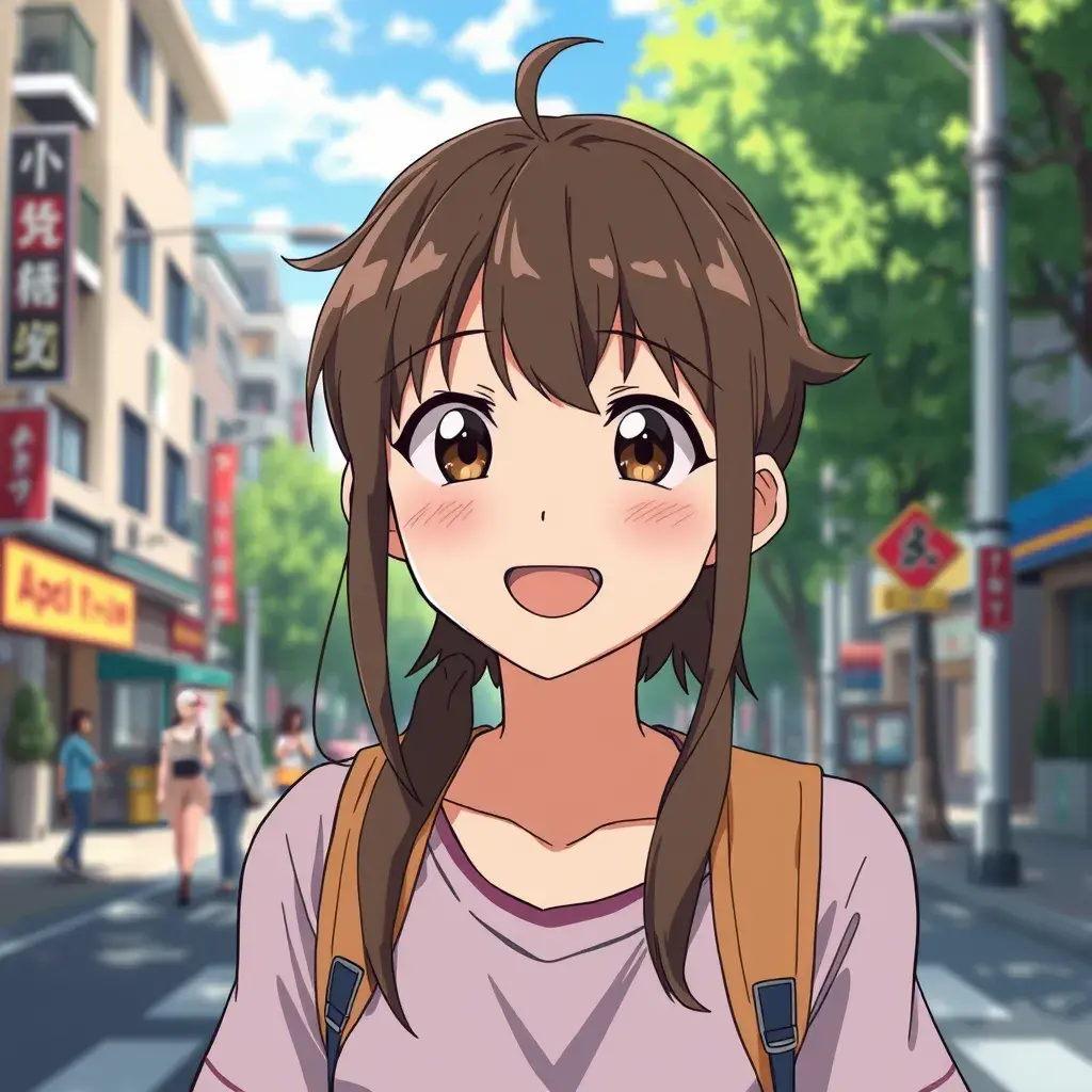 大都市の歩道に立つアニメの女性キャラクター。AIによって生成された画像。