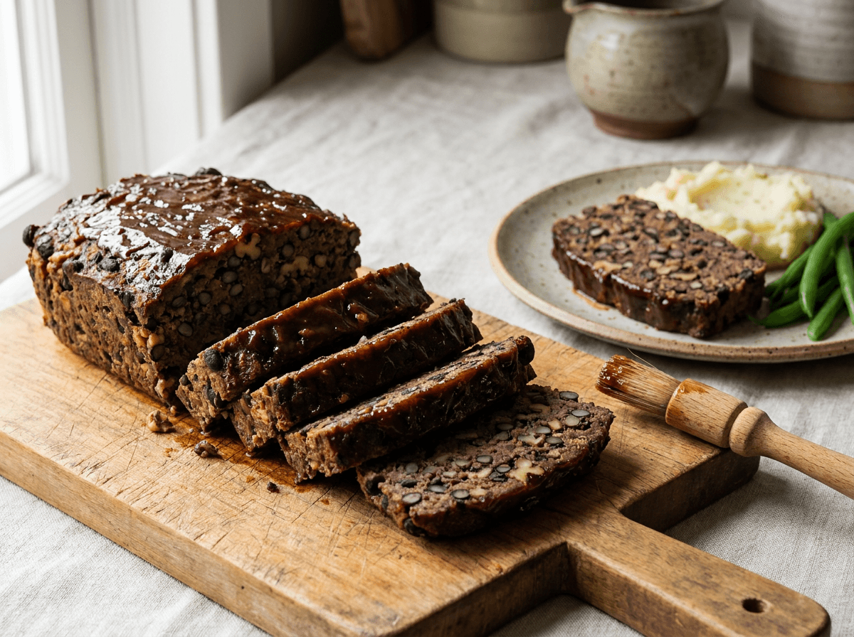Sliced vegan meatloaf with black beans and walnuts on a cutting board