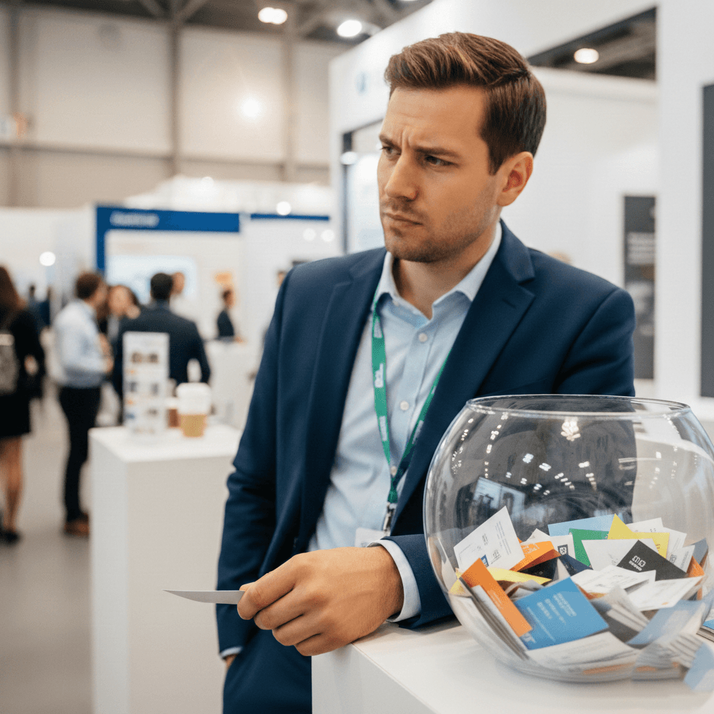 Professional holding a business card at a trade show booth while discarded cards in a bin highlight why traditional business cards fail without Habsy.