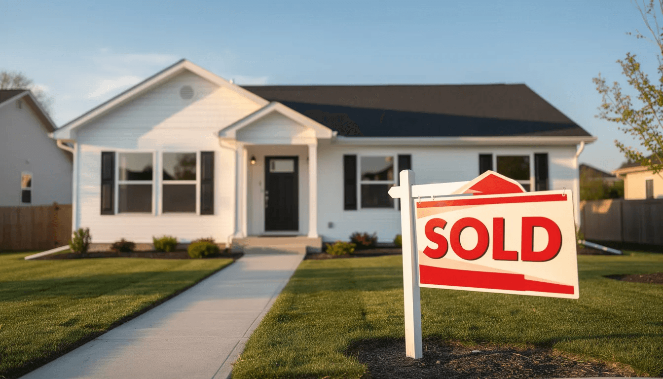 The image shows a charming house with a "Sold" sign prominently displayed in the front yard, indicating a successful real estate transaction that contributes to the homeowner's net worth. This visual reflects the journey towards financial health and building wealth through property investment.