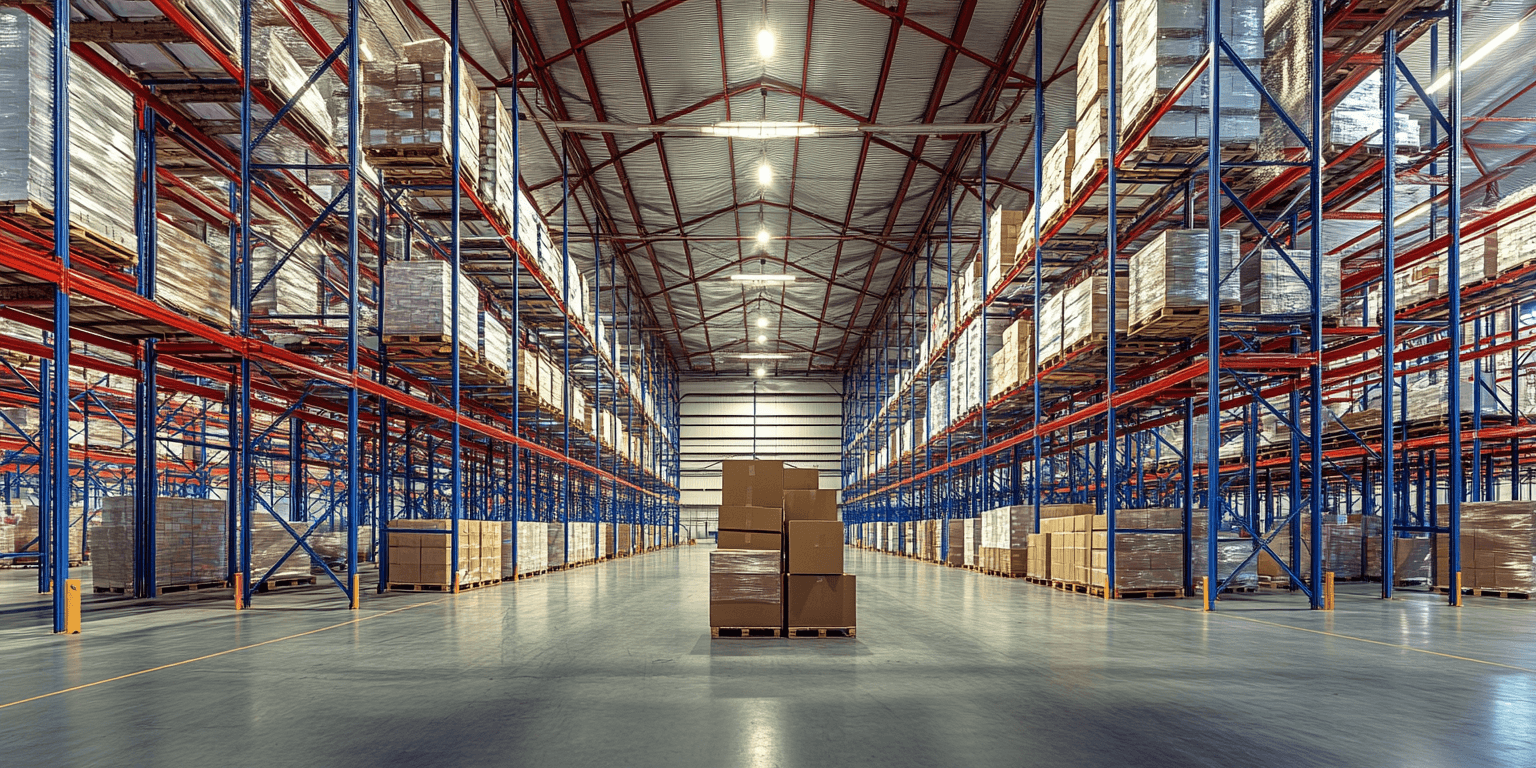 A spacious warehouse interior with tall shelving units filled with boxes, illuminated by overhead lights.