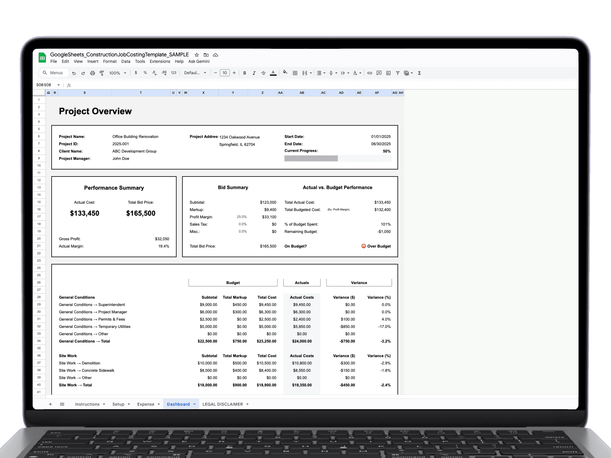 Laptop mockup of the Job Costing Tracker dashboard in Google Sheets with KPIs, division pie chart, and budget vs actual variance tables