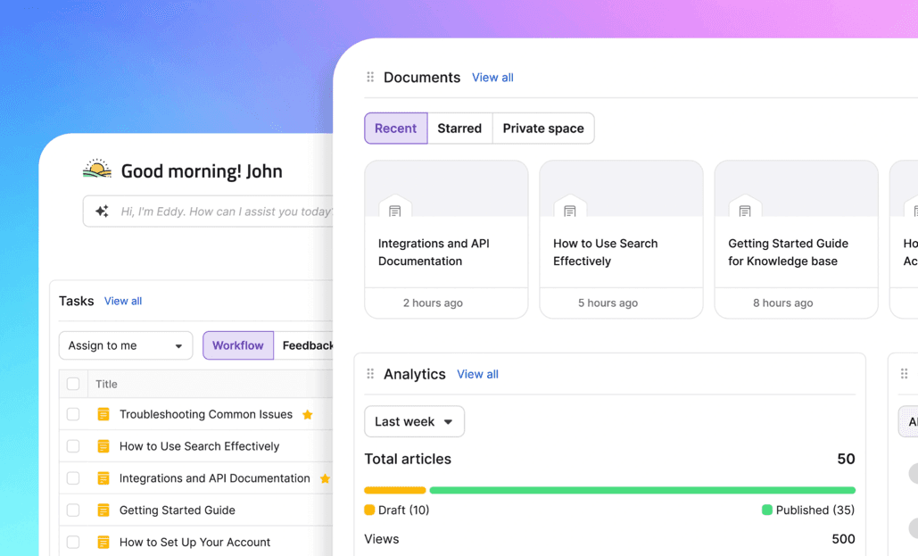 Document360 knowledge base platform showing its article editor and category tree