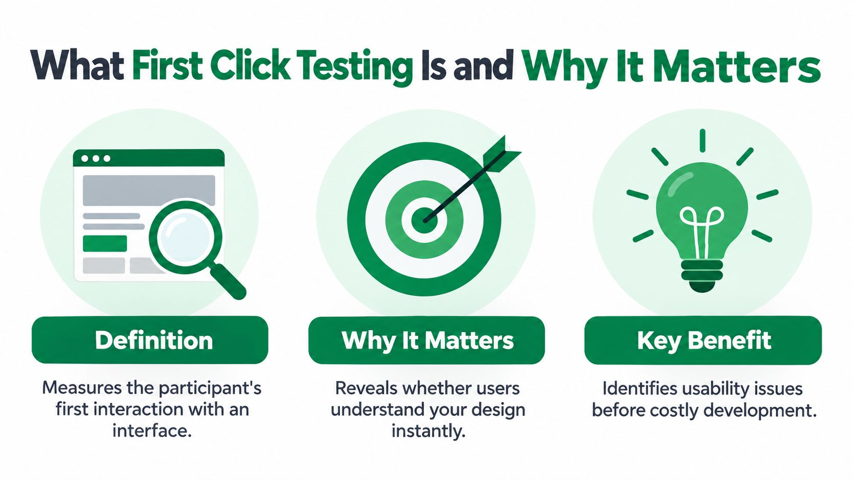 An infographic titled What First Click Testing Is and Why It Matters with icons for definition, importance, and benefits.
