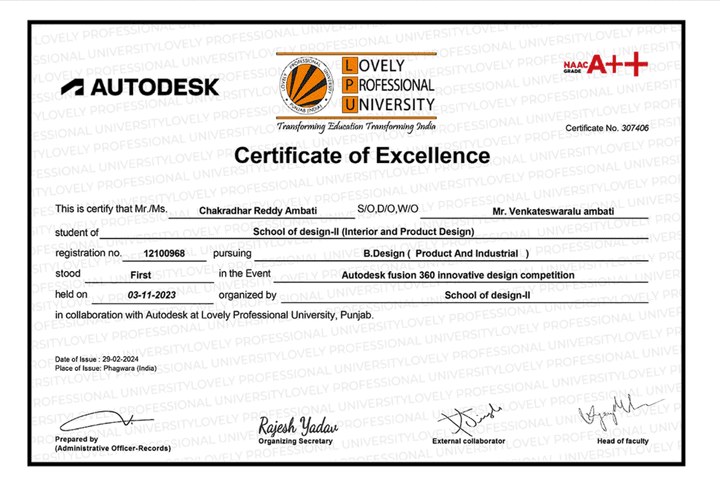 Autodesk certificate 1st prize.