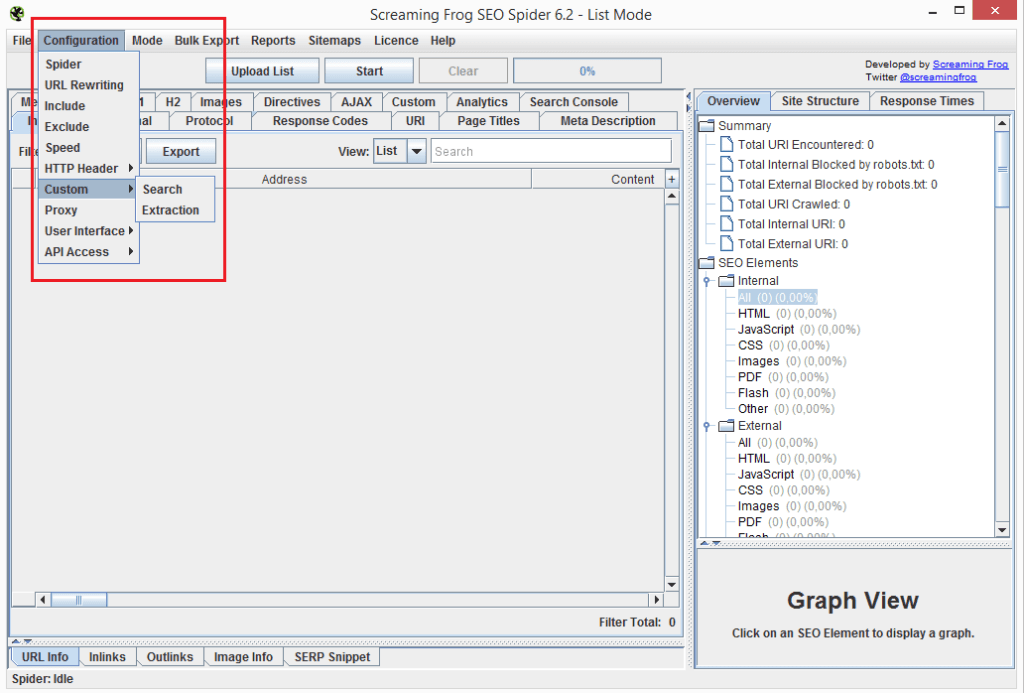 Screaming Frog - Menuauswahl