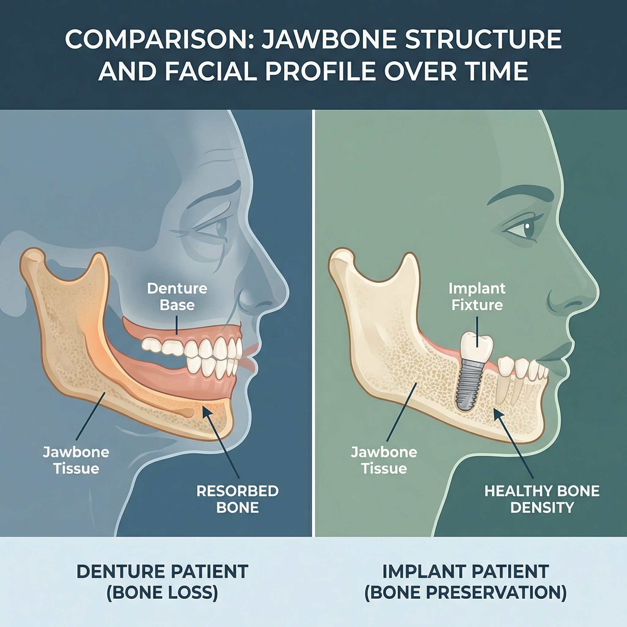 Medical illustration comparing jawbone preservation with dental implants versus bone loss with dentures