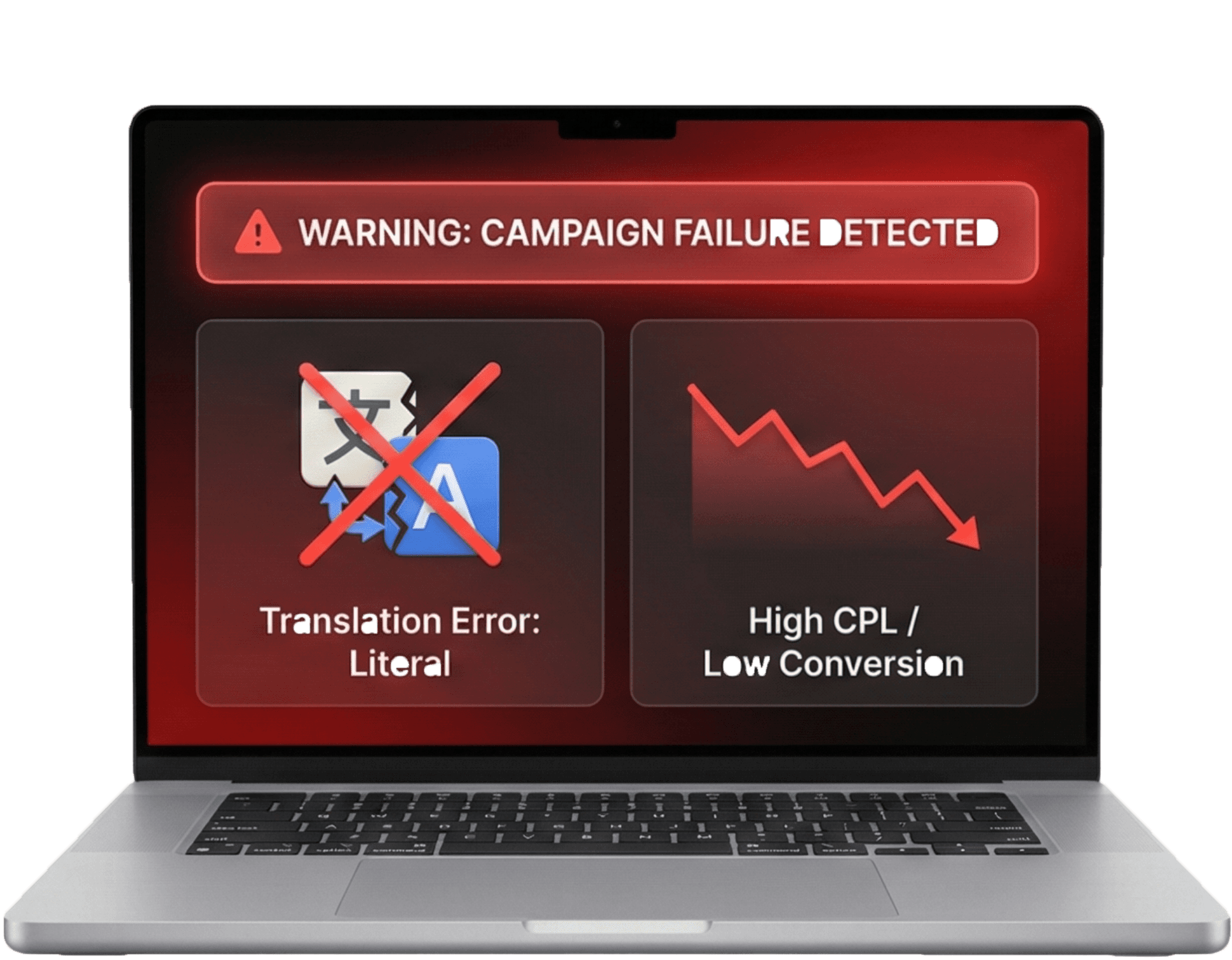 A 3D laptop screen displaying failed marketing metrics, including translation errors and a downward trending ROI graph, illustrating the poor quality of generic Motor Vehicle Accident Leads for Attorneys.
