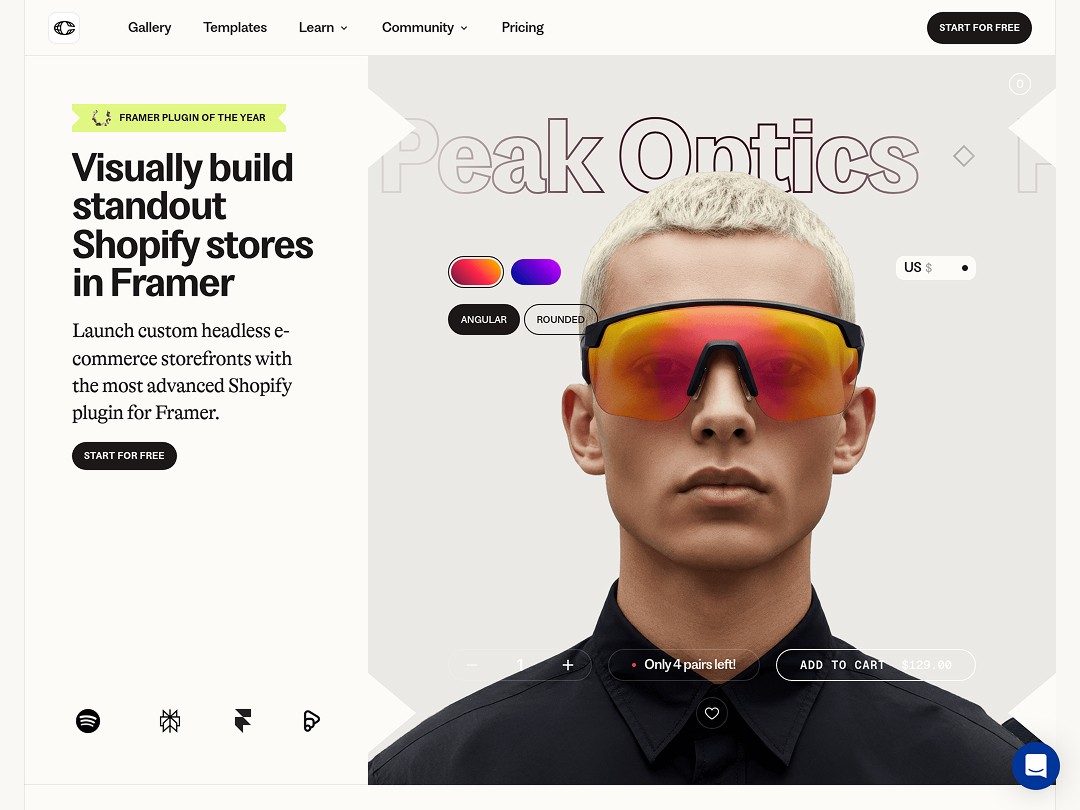 Person with futuristic sunglasses featured in a Shopify store design promo.