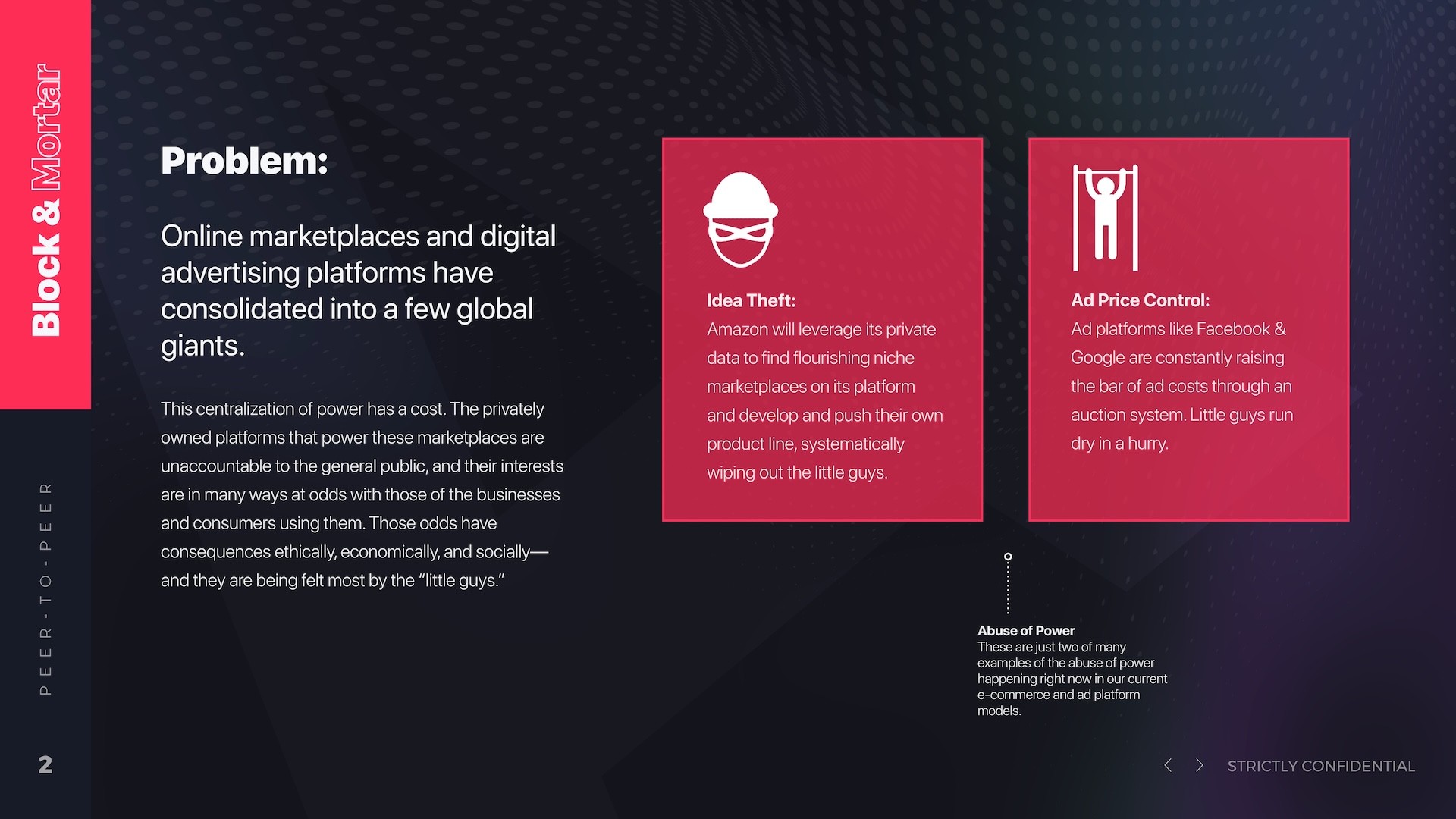 Problem statement slide for Block & Mortar pitch deck explaining marketplace consolidation issues with two red feature cards highlighting Idea Theft (Amazon leveraging data to compete with sellers) and Ad Price Control (Facebook and Google raising advertising costs), plus Abuse of Power callout describing e-commerce platform monopolization