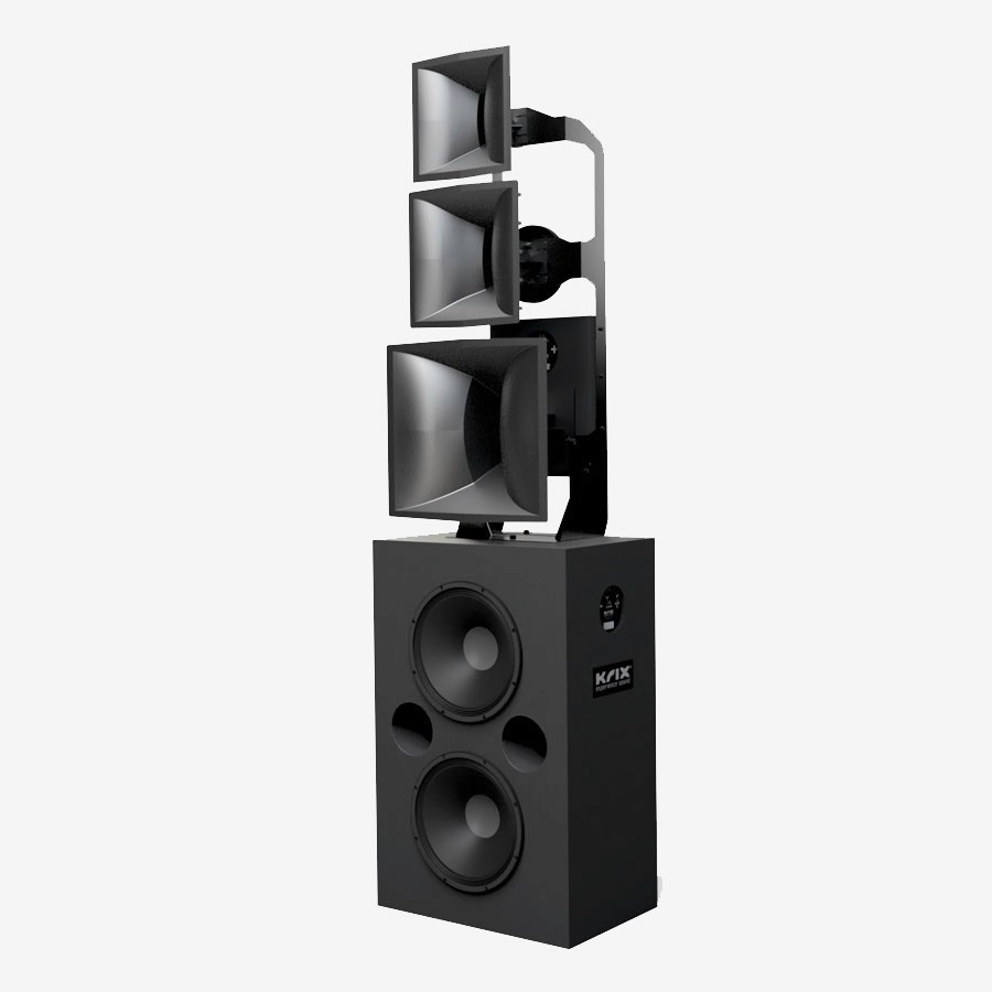 Black speaker cabinet with three horns stacked on top.