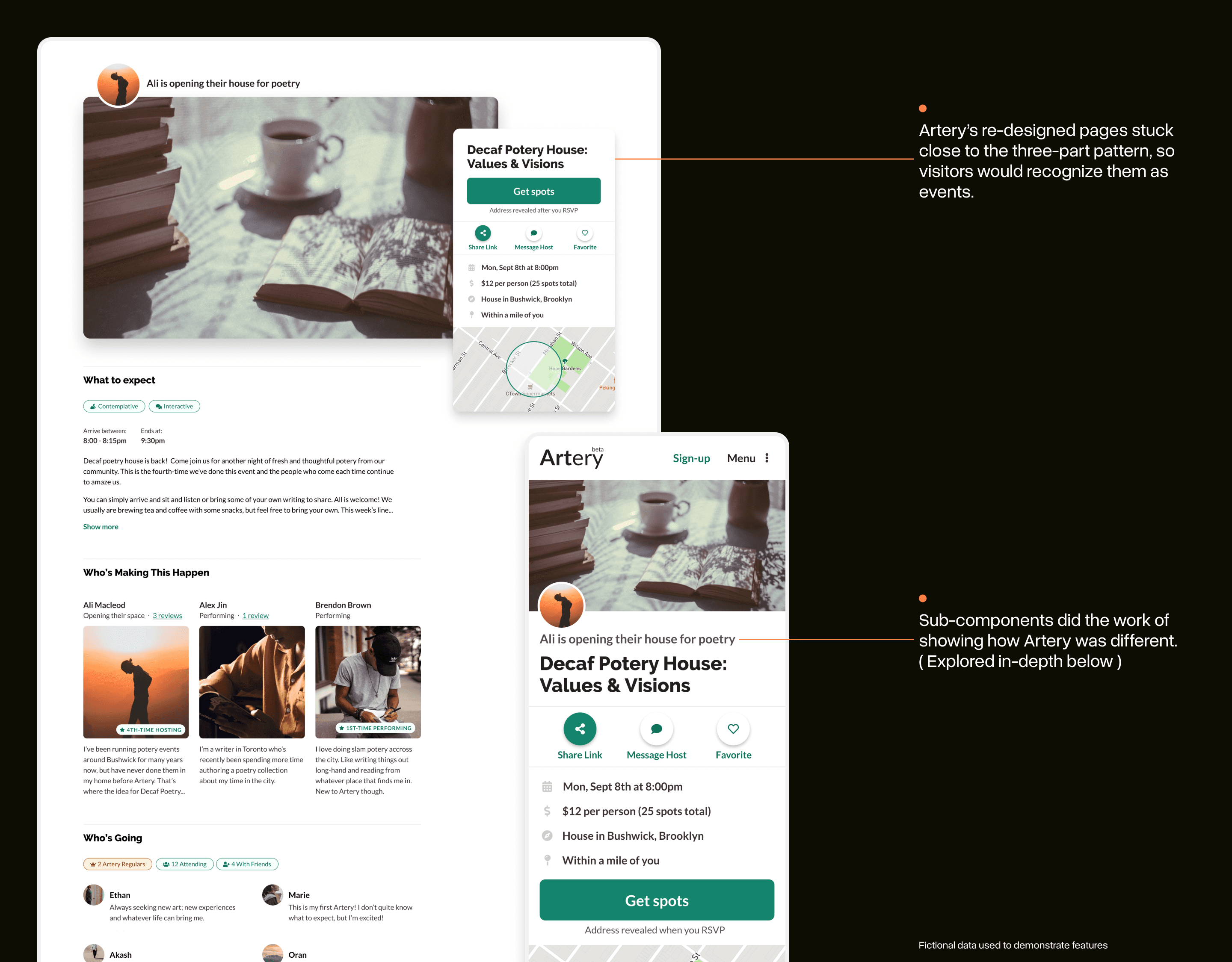 A selection of images showing the updated design for the event pages. The same three-part pattern used by Airbnb and Eventbright is shown alongside new components that show how Artery is different.