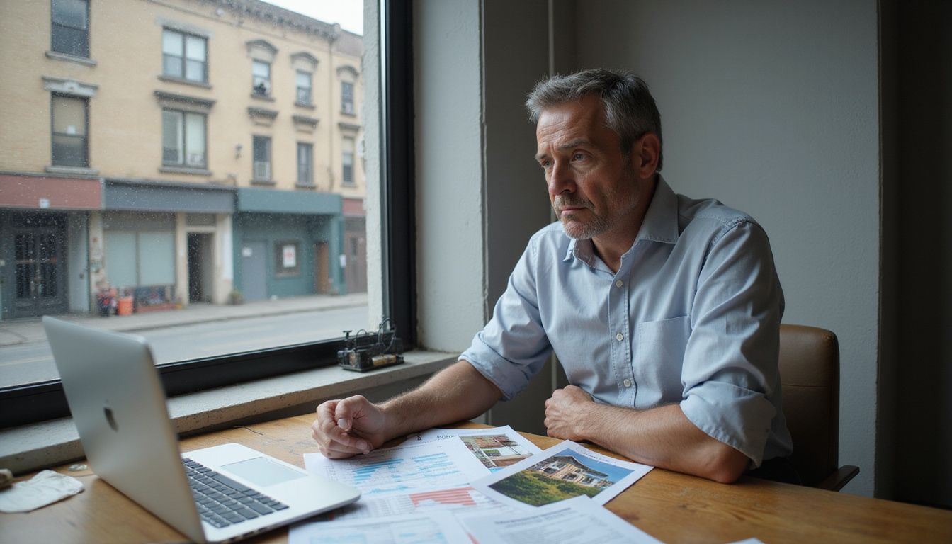 A frustrated man reviews disappointing financial documents and an Airbnb listing.