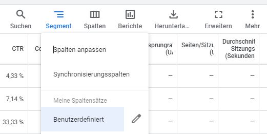 Screenshot aus Google Ads, Schritt 1: Spalten auswählen