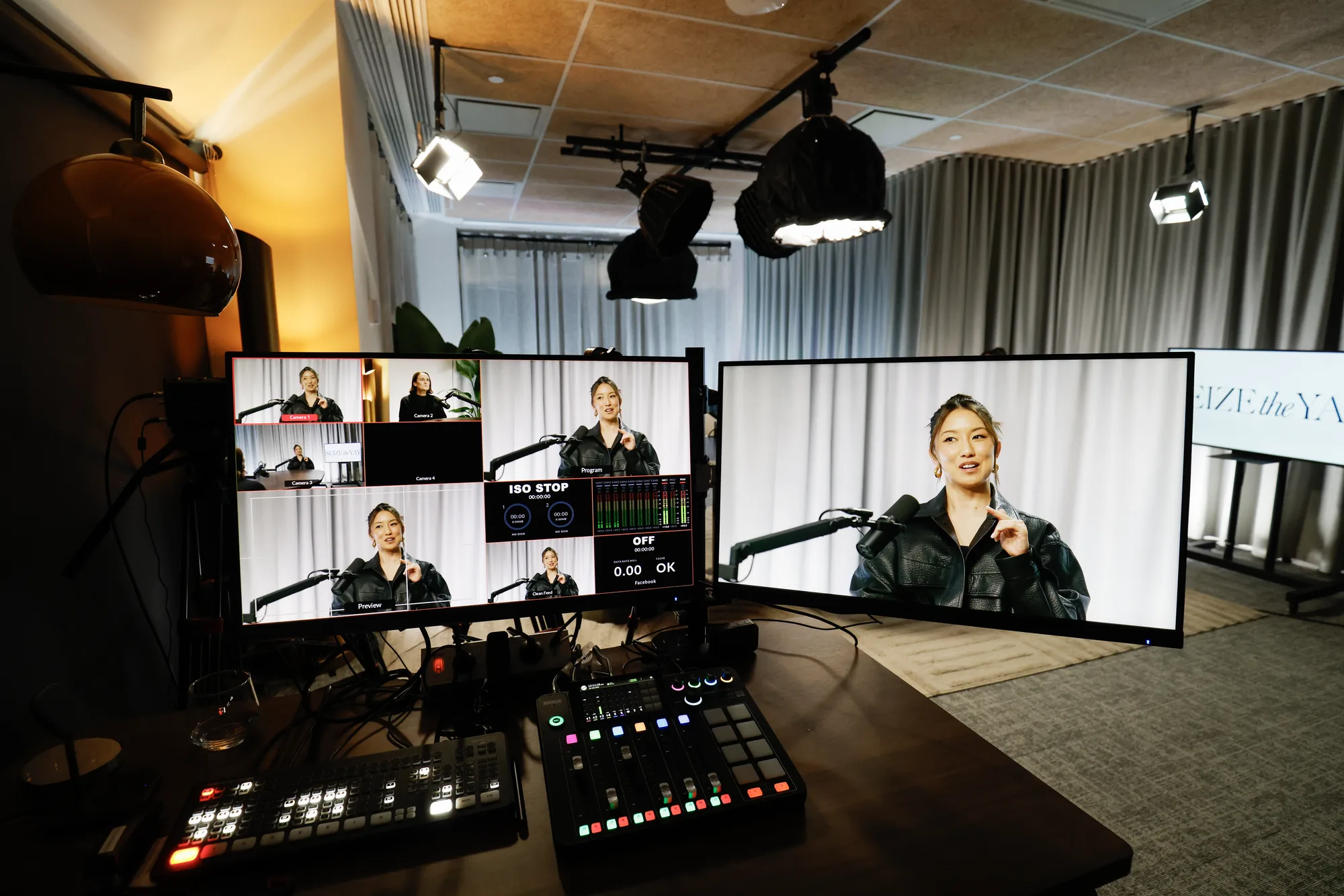 A Collins Street studio session on multi-camera monitors during a recording